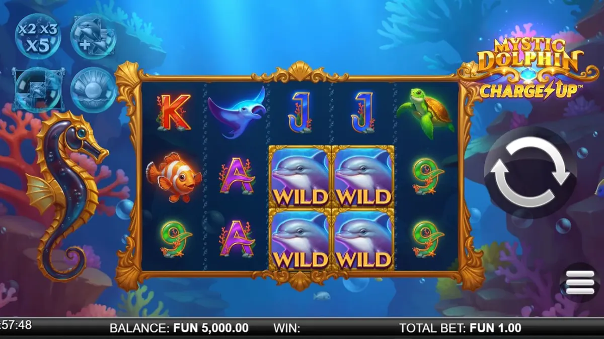Tampilan layar permainan slot Mystic Dolphin Charge Up dengan tema bawah laut